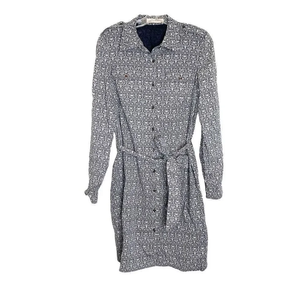 Tory Burch Blue Tile Printed White Button Up Belted Long Sleeve Work Dress Siz 8